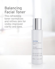 Kerstin Florian Clarifying Probiotic Mineral Tonic bottle used on chest for toning