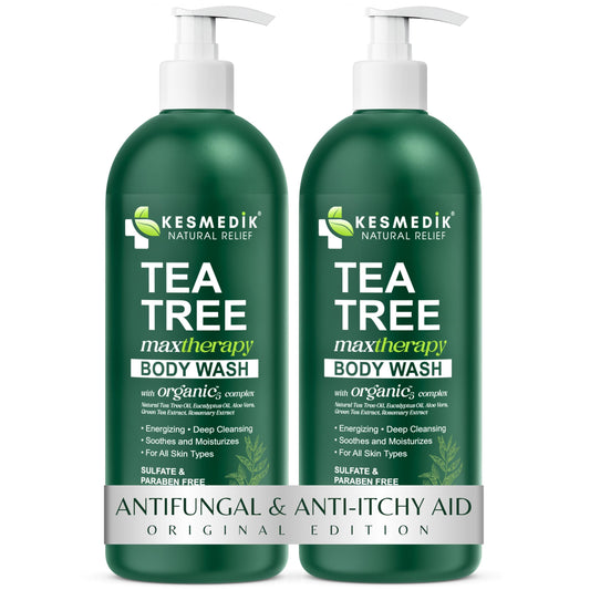 KESMEDIK Tea Tree Body Wash bottle ready for daily cleansing and itch relief.