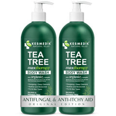 KESMEDIK Tea Tree Body Wash bottle ready for daily cleansing and itch relief.