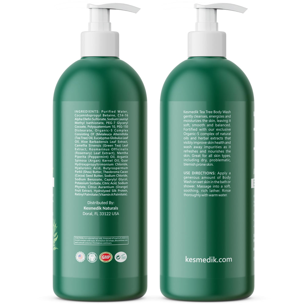 KESMEDIK Tea Tree Body Wash daily-use bottle in bathroom routine.