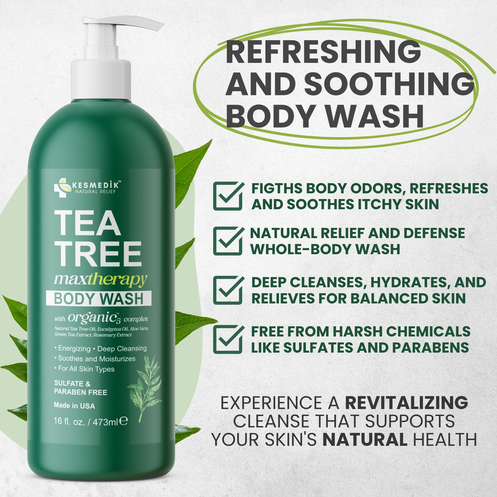 KESMEDIK Tea Tree Body Wash made in the USA with organic ingredients.