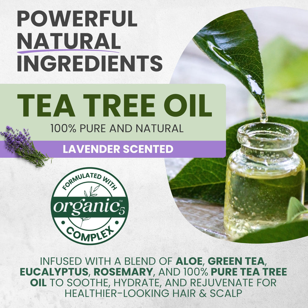 KESMEDIK Tea Tree Lavender Conditioner label close-up emphasizing botanical extracts