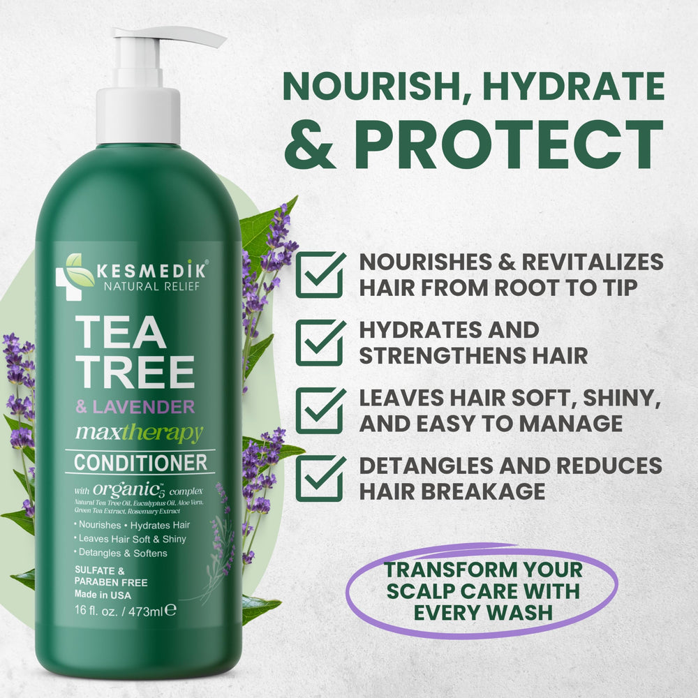 KESMEDIK conditioner ingredients display highlights moisture and soothing botanicals