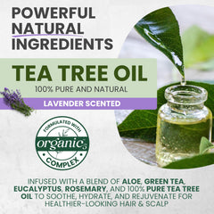 Shampoo bottle label emphasizes tea tree oil and lavender for soothing scalp care.