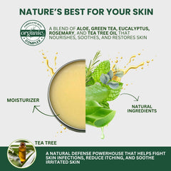 Close-up of KESMEDIK Tea Tree Oil Balm label highlighting organic ingredients
