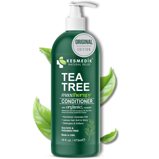 KESMEDIK Tea Tree Oil Conditioner bottle with hydrating formula for smoother hair.