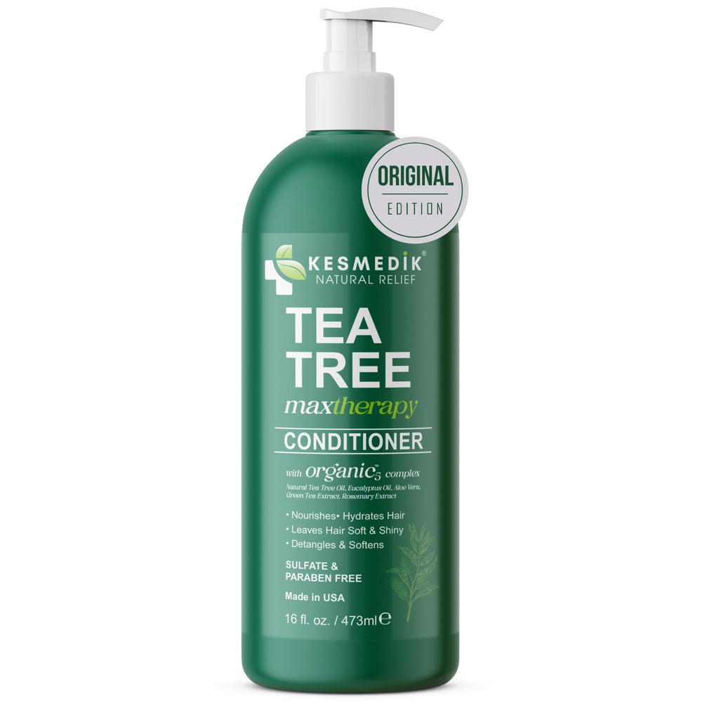 KESMEDIK Tea Tree Oil Conditioner ingredient graphic highlights natural botanicals.