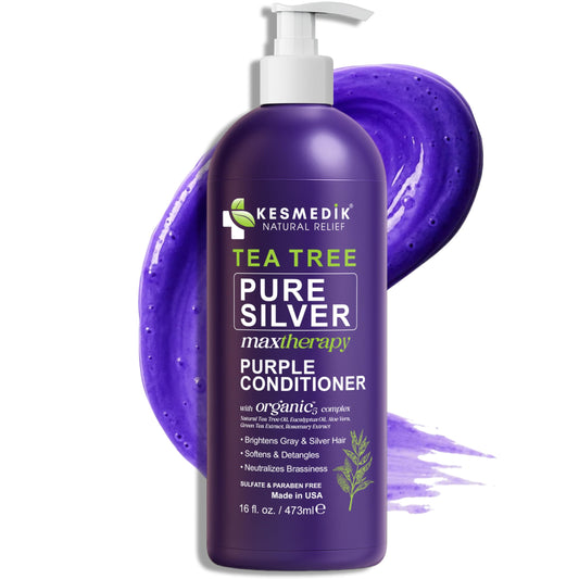 KESMEDIK Tea Tree Purple Conditioner bottle shows color-safe formula for cool tones