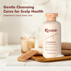 Close-up of Kevabin label highlighting biotin and ginseng for hair support.