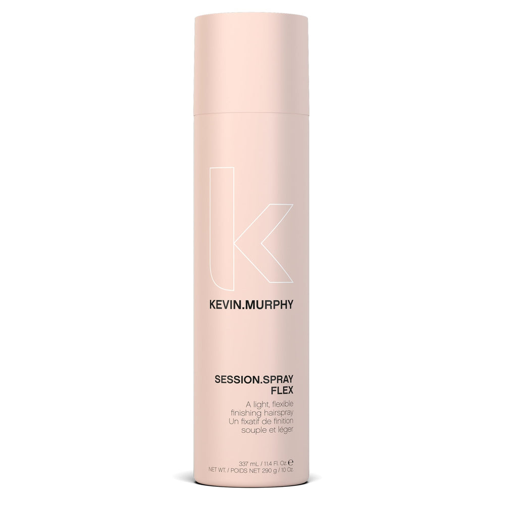 KEVIN.MURPHY SESSION.SPRAY FLEX bottle shows a lightweight hold for all hair types.