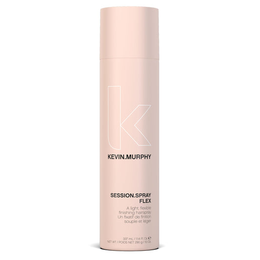 KEVIN.MURPHY SESSION.SPRAY FLEX bottle shows a lightweight hold for all hair types.