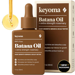 Keyoma Batana Oil with Rosemary bottle shows nourishing oil for healthier hair.