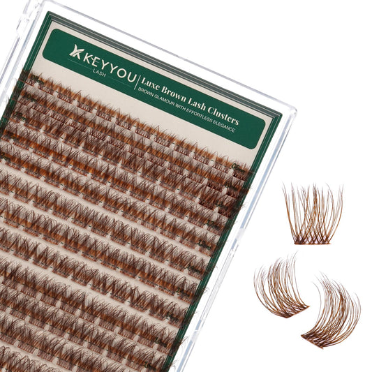 KEYYOU Brown Lash Clusters 144pcs tray close-up for easy at-home DIY lash creation.