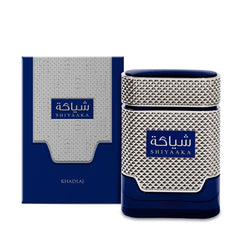 Khadlaj Shiyaaka Blue blue and platinum flacon profile, elegant evening fragrance