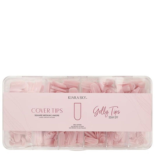 Kiara Sky Cover Gelly Tips Amore, square medium bottle, natural-looking gel extension.