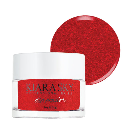 Kiara Sky Diablo Shimmer dip powder swatch in rich red tones for strong, lightweight nails.