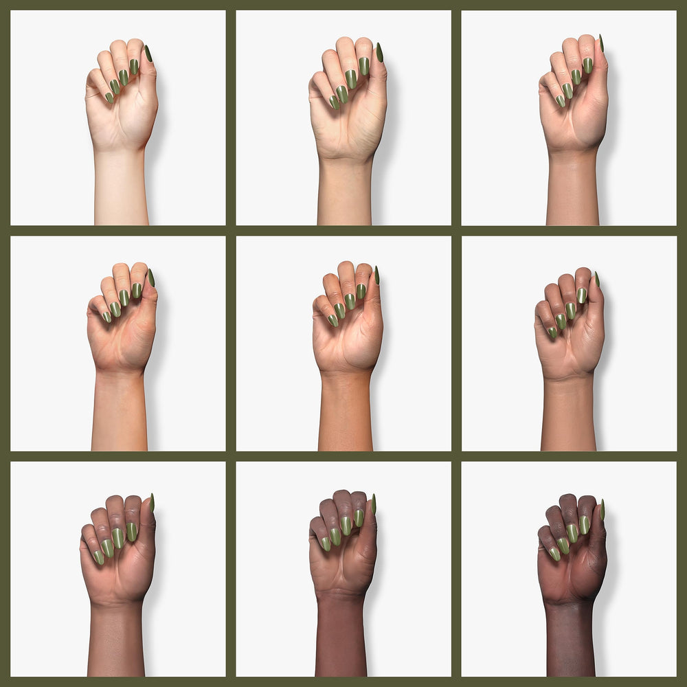 Kiara Sky Green Tones nail detail highlights a smooth, even finish.