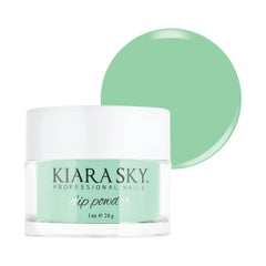 Kiara Sky Green Tones dip powder bottle close-up shows vibrant pigment for durable nails.