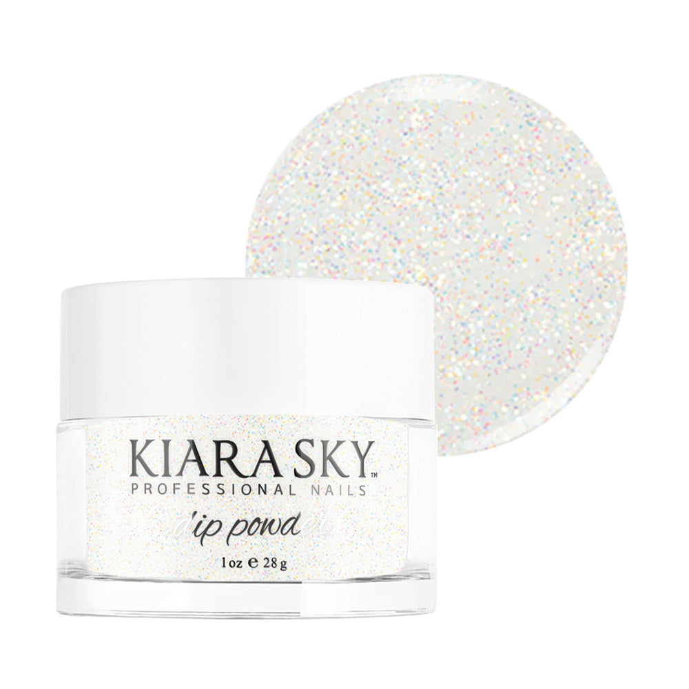 Kiara Sky Iceberg dip powder bottle pour showing crisp white tone for manicure