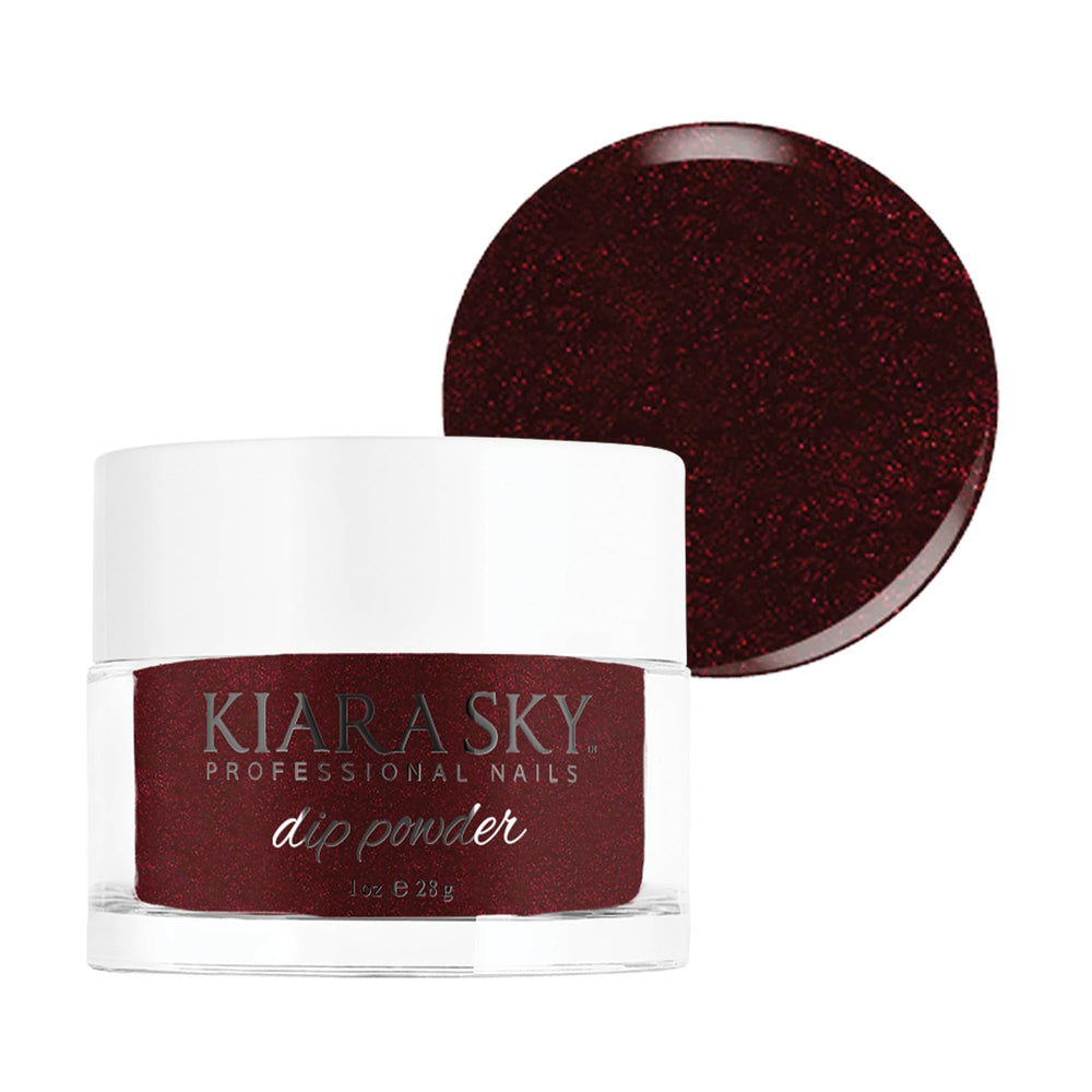 Kiara Sky Fireball dip powder jar showing bold red nails finish and shine.