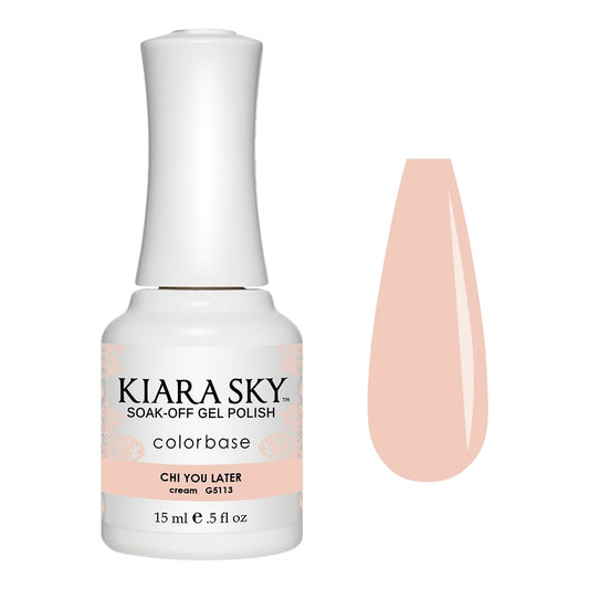 Kiara Sky Chi You Later gel polish bottle in creamy beige for versatile finish.