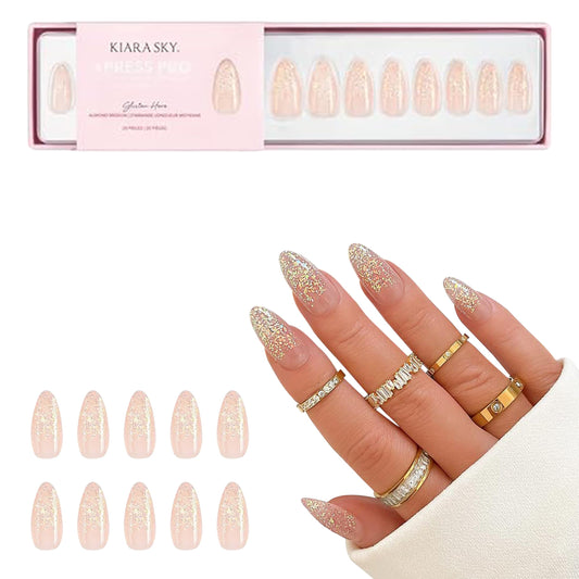 Kiara Sky Glisten Here almond medium nails with glitter ombre for chic evenings