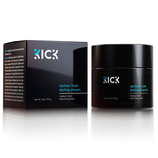 Kick Active hair cream bottle close-up showing premium hold for all-day style