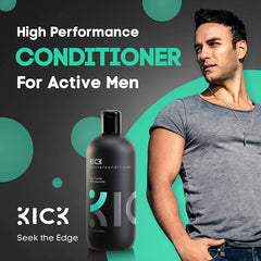 Kick Mens Conditioner Tea Tree bottle closeup highlights premium packaging and branding.