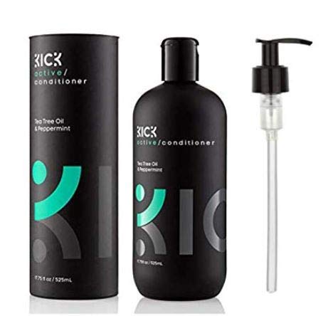 Kick Mens Conditioner Tea Tree bottle pour shows easy application and refreshing scent.