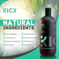 Kick Mens Shampoo packaging front showcases sulfate-free formula and cruelty-free branding