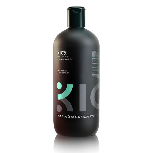 Kick Mens Shampoo peppermint bottle pour highlights oil-control and refreshing scalp feel