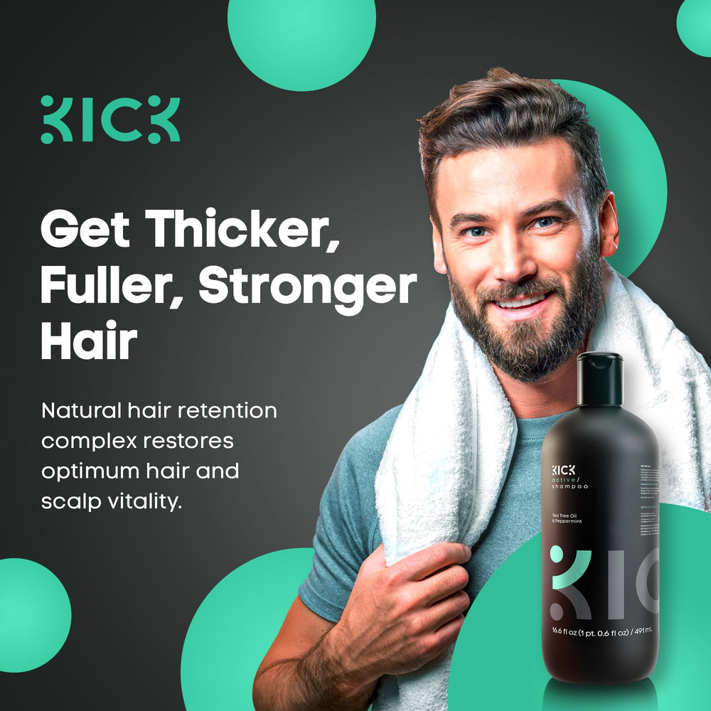 Kick Mens Shampoo tea tree leaf closeup emphasizes cleansing and soothing properties