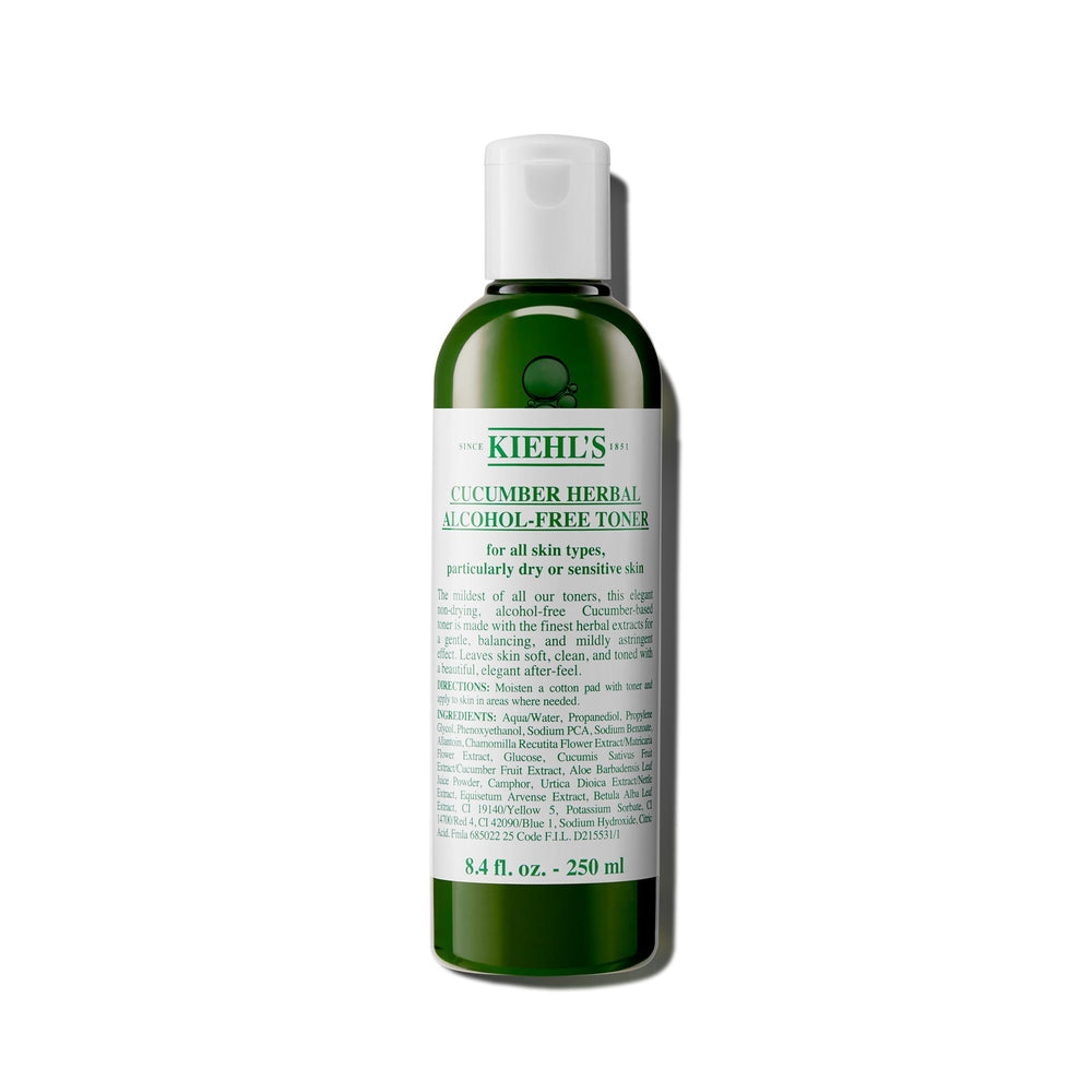 Kiehl's Cucumber Toner bottle close-up showing alcohol-free formula for sensitive skin