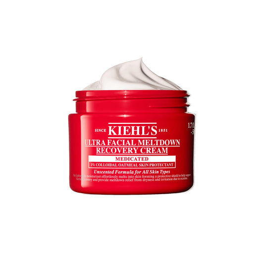 Kiehl's Ultra Facial Recovery Barrier Cream bottle shows packaging for sensitive skin and hydration.