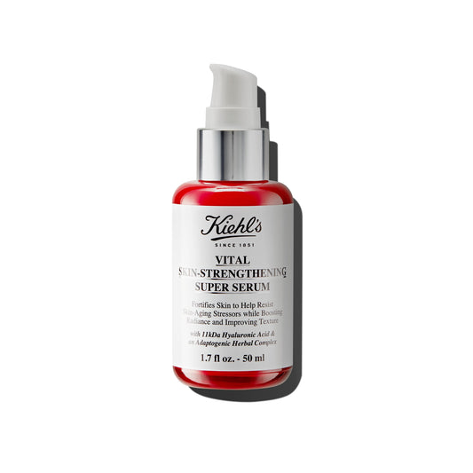 Kiehl's Vital serum bottle with pump shows hydration and skin strengthening.
