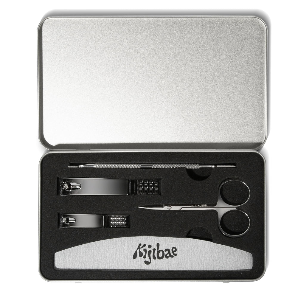Kijibae Nail Aid Kit in metal case open, ready for organized home or travel grooming.
