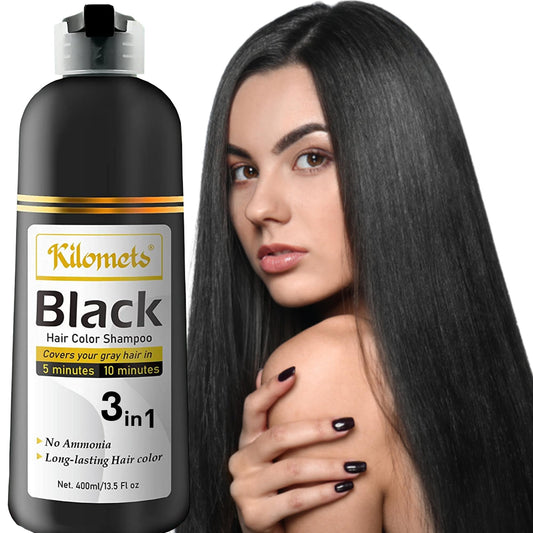 Kilomets Black Hair Dye Shampoo bottle demonstrates quick gray coverage option.