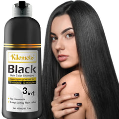 Kilomets Black Hair Dye Shampoo bottle demonstrates quick gray coverage option.