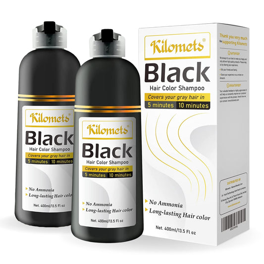 Kilomets Black Hair Dye Shampoo bottle front on the 2-pack for quick gray coverage.