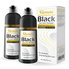 Kilomets Black Hair Dye Shampoo bottle front on the 2-pack for quick gray coverage.