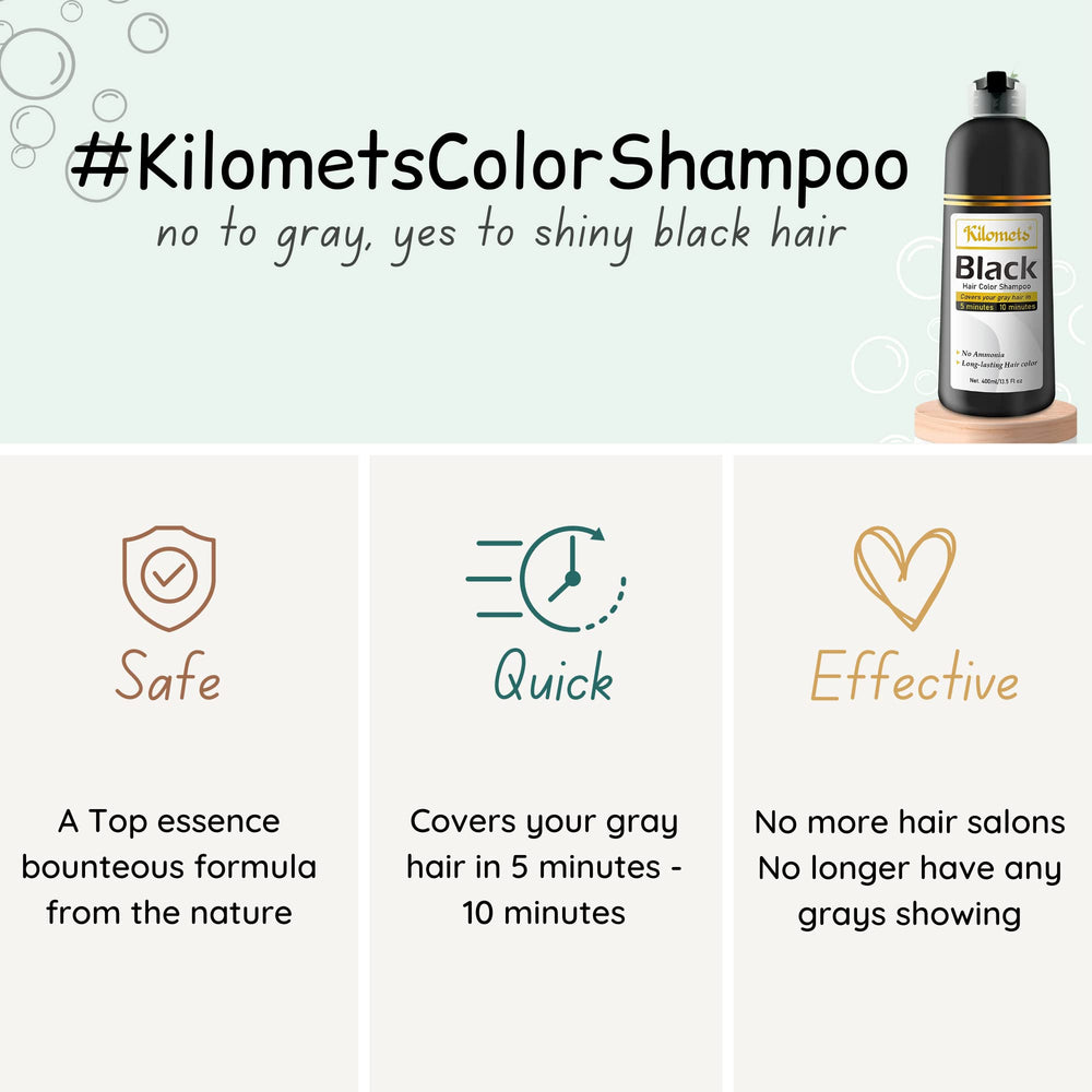 Kilomets Black Hair Dye Shampoo packaging highlights surface-only color fade after several washes.