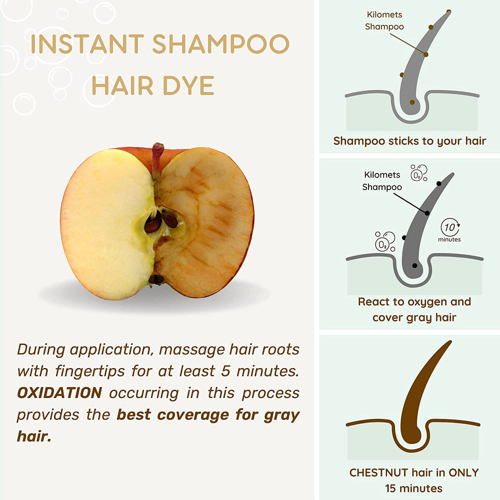Kilomets Chestnut Hair Dye Shampoo foam color demonstrates instant shade across strands