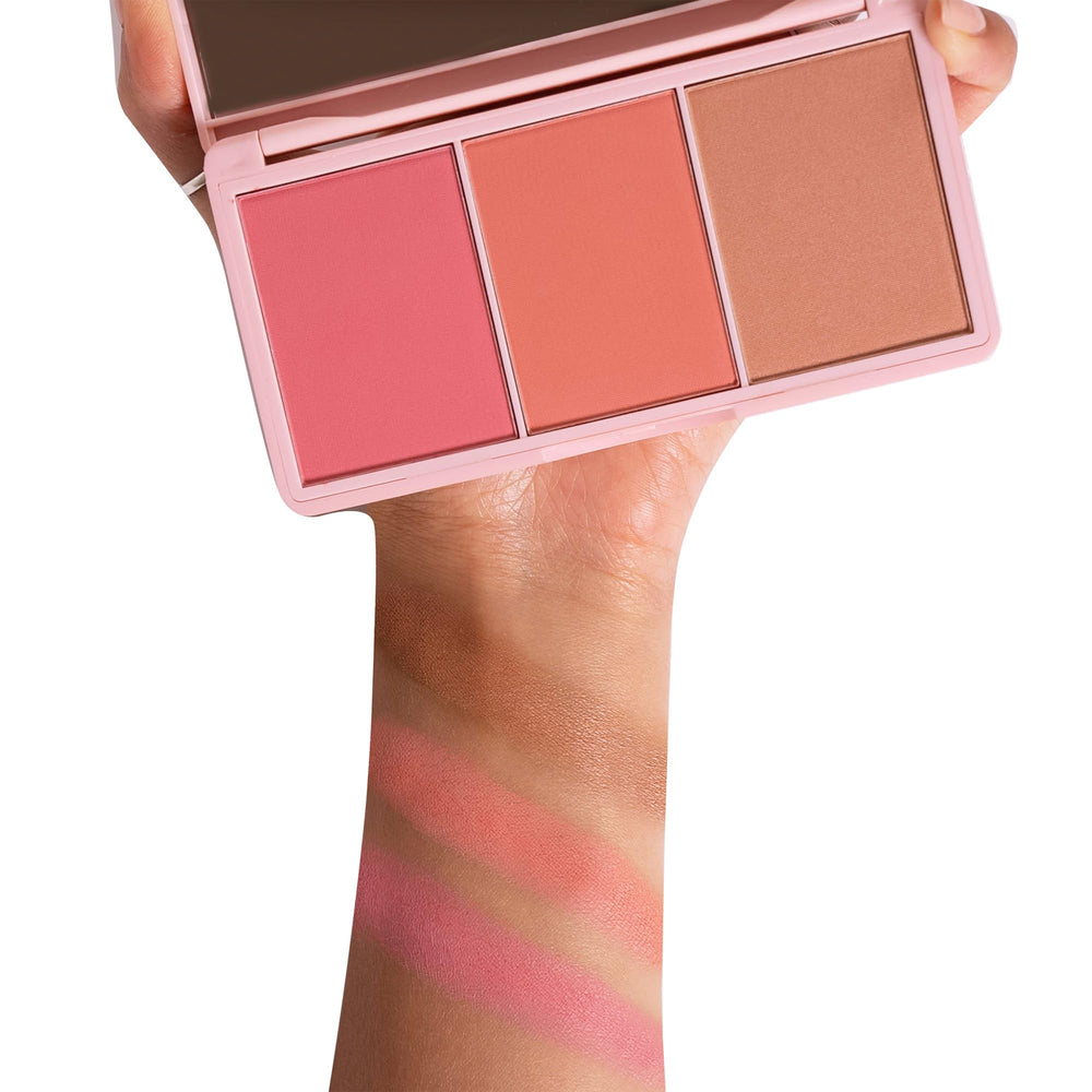 KimChi Chic Cheeky 3Some palette dusty rose shade swatches for a warm glow.