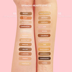Kimchi Chic Spinning Hearts Love Eyeshadow palette with glittery shimmer shades for party-ready vibes.