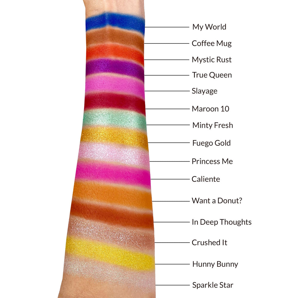 Close-up swatches on Kimchi Chic You Make Me Happy palette reveal rich payoff