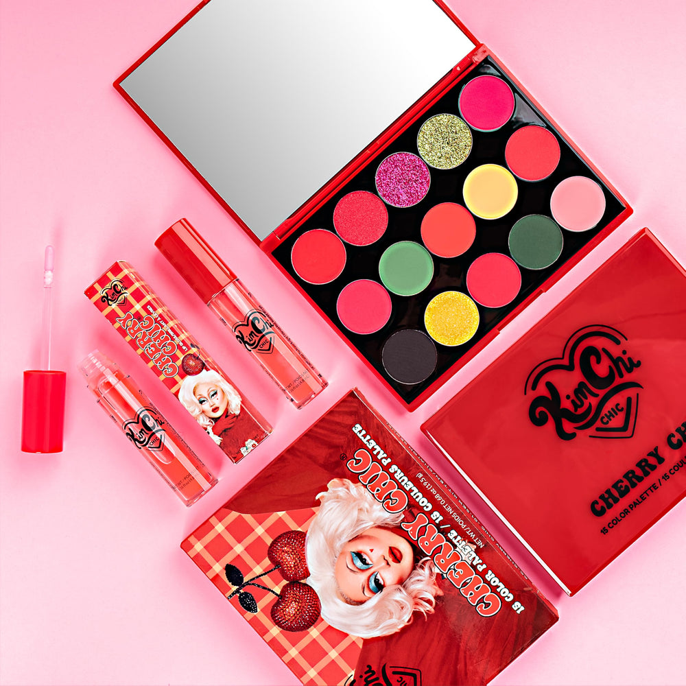 KimChiChic Cherry Chic palette side view highlights portable packaging for on-the-go touch-ups.