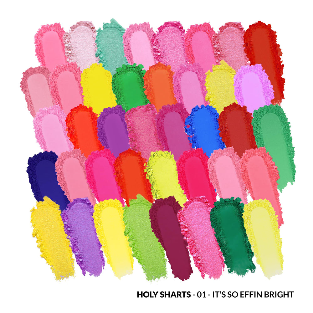 Mix of matte, shimmer, and glitter swatches from Holy Sharts palette