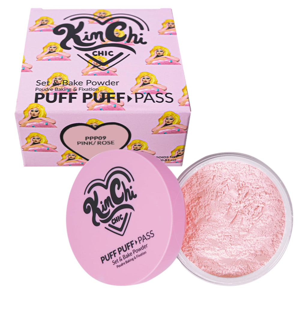 KimChiChic Puff Puff Pass powder compact open for a soft matte pink finish