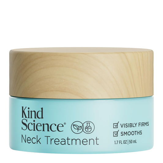 Kind Science Neck Treatment jar close-up, creamy texture ideal for firming.