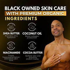King Complexion ingredients banner highlights cocoa and shea butters for skin nourishment.